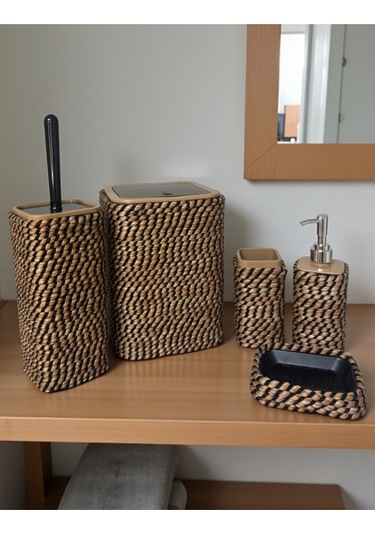 Doğal Dokulu Hasır Görünümlü 6 Parça Banyo Takımı Zarif Ve Modern Siyah