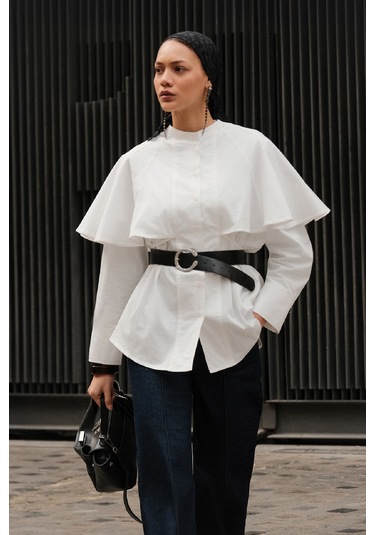 Pelerinli Tasarım Gömlek Ekru Ekru