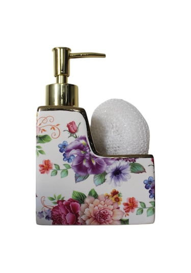 Porselen 500ml Sıvı Sabunluk Süngerlik Bölmeli Çiçekli