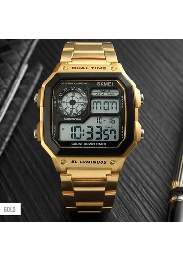 Yunboo Erkekler İçin Dijital Saat - Güneş Işığı, Stopwatch, Alarm, Hafta/gün Gösterimi - Paslanmaz Çelik Kordon - Altın Renk Çok Renkli