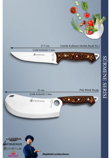 Sürmene Serisi Mutfak Bıçak Seti Et Ekmek Sebze Börek Pide Pizza Şef Bıçağı 2 Li Set Kahve Mft216 Kahverengi