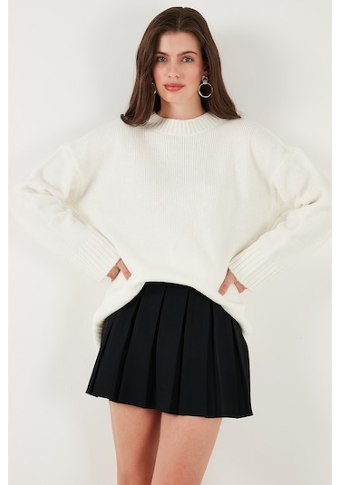 Lela Regular Fit Bisiklet Yaka Basic Triko Bayan Kazak 4616213 Ekru