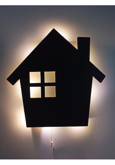 CajuArt Siyah Ev Şekilli Led Işıklı Ahşap Duvar Dekor Ahşap Tablo