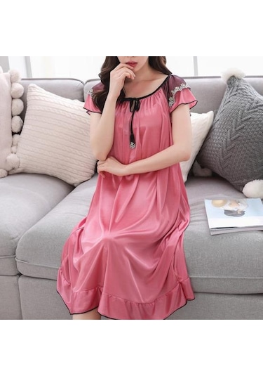 Koyu Mavi Yaz Gecelik Bağcıklı Uyku Rahat Güzel Sahte Saten Yaz Gevşek Gecelik Ev Giyim Xl Koyu Mavi