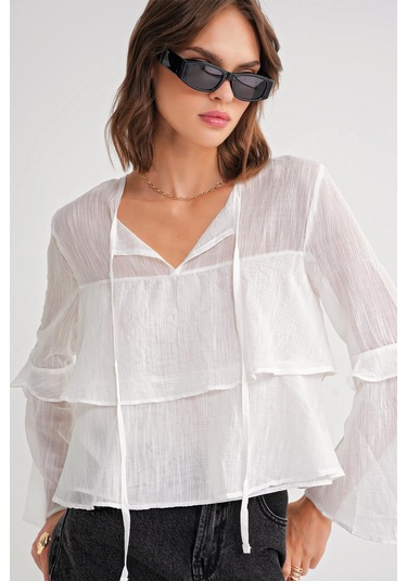 4735 Kadın Uzun Kollu Fırfırlı Bağlamalı Bluz Beyaz Beyaz