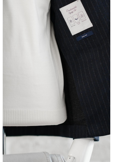 Slimfit Torba Cep Çizgili Mono Yaka Astarsız Çift Yırtmaç Likralı Kışlık Erkek Tek Ceket Lacivert