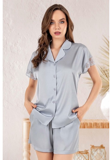 Kısa Kol Saten Önden Düğmeli Gri Şortlu Pijama Takım Takım 161264 001