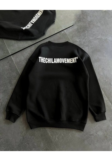 Kışlık Bisiklet Yaka Oversize Baskılı Sweatshirt - Siyah Siyah