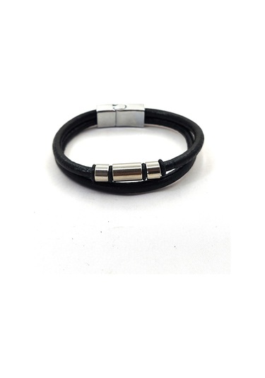 Çelik Aparatlı Mıknatıs Kilitli Deri Bileklik Siyah