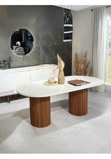 Echo İskandinav Oval Ahşap Bohem Masa 90x160 Ceviz - Beyaz