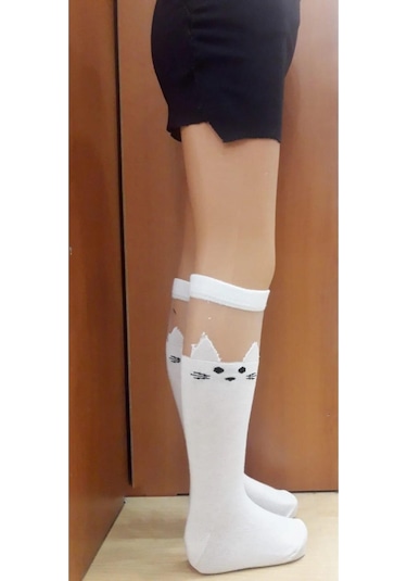 Tüllü Kedili Kız Çocuk Dizaltı Çorap Beyaz