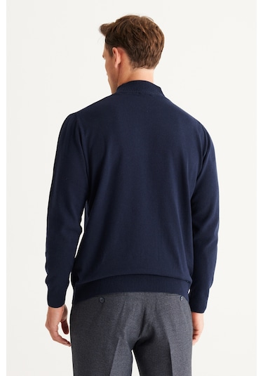 Altinyildiz Classics Erkek Lacivert Standart Fit Normal Kesim Yarım Balıkçı Yaka Pamuklu Triko 4A4921100008LACS Lacivert