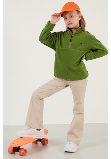 Lela Yumuşak Dokulu Fermuarlı Dik Yaka Şardonlu Kışlık Unisex Çocuk Polar 5905002 Fistik Yeşil