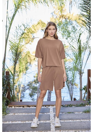 Monamise Kadın Kısa Kollu Bisiklet Yaka Alt Üst Takım 25072 Kahve