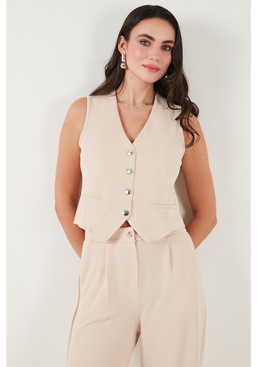 Lela Regular Fit Yüksek Bel Bol Paça V Yaka Yelekli Bayan Takım 5866199 Taş