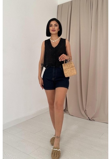 Reka Moda Siyah Sıfır Kol Brode Bluz Siyah