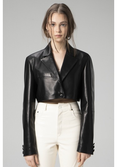 Siyah Dericlub Wm034 Gerçek Deri Crop Blazer Kadın Ceket