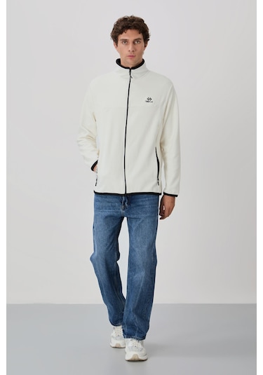 Tommy Life Ekru Yazı Nakışlı Dik Yaka Fermuarlı Standart Kalıp Erkek Sweatshirt Polar - 87992 Ekru