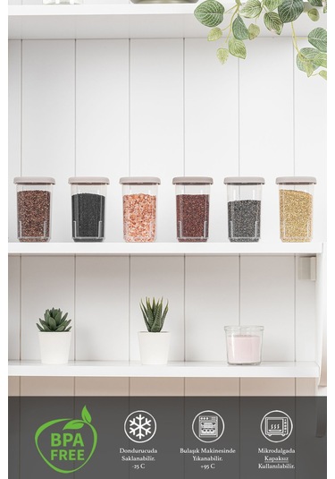 6'lı Etiketli Ve Kilitlenebilir Hava Almaz Kapaklı Baharatlık Seti - Baharatlık Bej