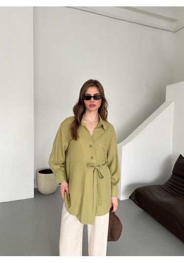 Haki %100 Pamuk Çapraz Düğmeli Beli Kemerli Gömlek Haki