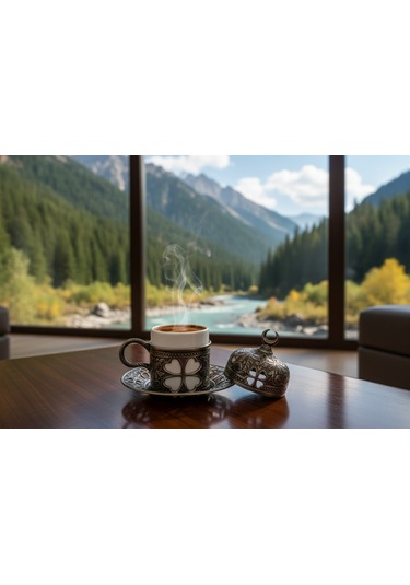 Yonca Desenli 6 Kişilik Porselenli Kapaklı 24 Parça Kalay Renk Fincan Seti Gri