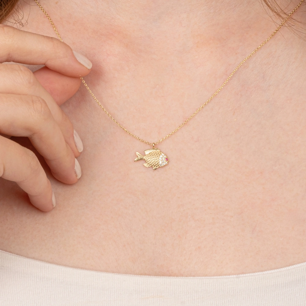 Gümüş Kolye - Taşlı Balık 925 Ayar Gümüş Kolye Sarı