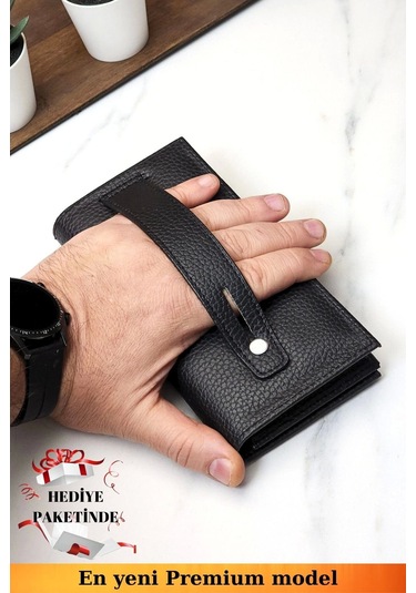 Telefon Bölmeli Unisex Siyah Cüzdan Mıknatıslı Ve El Bantlı Büyük Paraportföy El Çantası Siyah