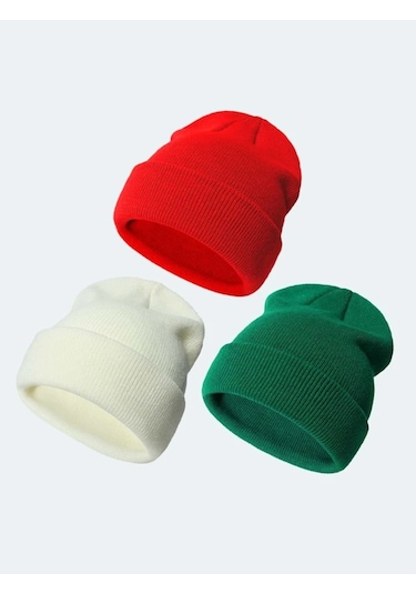 Eke Tekstil Katlamalı Unisex Bere Seti 3'lü - Beyaz - Kırmızı - Yeşil