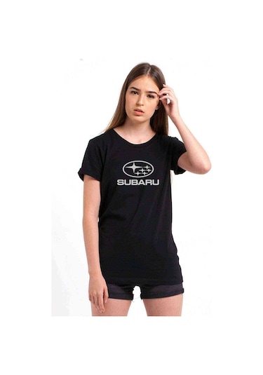 Araba Subaru Logo Baskılı Siyah Kadın Tshirt (534652623)