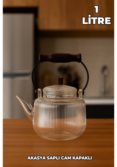 Akasya Kapaklı Ve Üstten Saplı Yuvarlak Cam Demlik - Isıya Dayanıklı - Cam Demlikli - Cam Kapaklı Cam