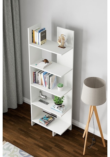 Asimetrik Beş Raflı Kitaplık Beyaz