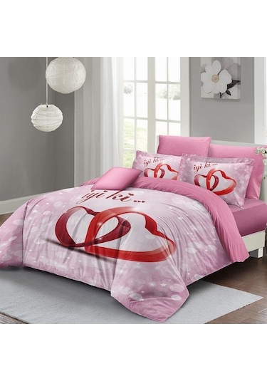 MONOHOME Sevgililer Günü Çift Kişilik Nevresim Takımı %100 Pamuk Saten İyiki Sen Çok Renkli