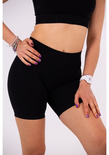 Seamless Siyah Normal Bel Kısa Fitted Basic Sporcu Tayt SiYAH
