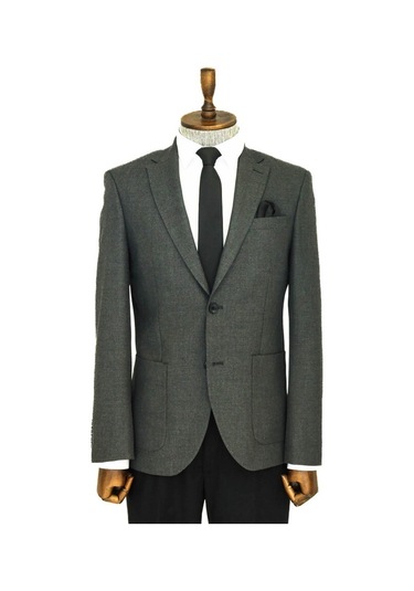 Kendinden Desenli Slim Fit Sivri Yaka Gri Erkek Ceket 001