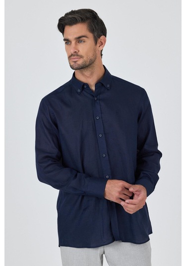 Uzun Kol Düz Keten Düğmeli Yaka Cepsiz Casual Comfort Fit Gömlek 1004250114 Koyu Lacivert
