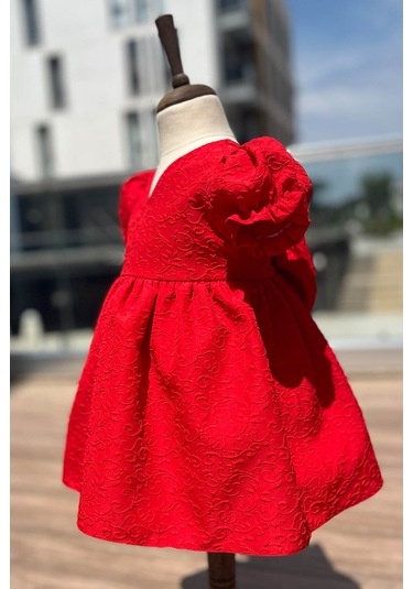 Krep Kabartma Desenli Kız Çocuk Bebek Kırmızı Elbise 001
