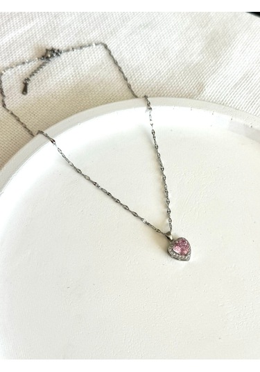 Demokan Zirkon Taş Yıldız Zincir Kalp Kararmaz Kolye Pembe