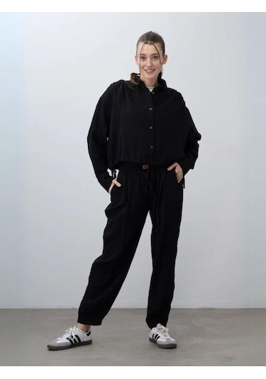 Kız Çocuk Müslin Kumaş Gömlek Pantolon Takım-15786 Siyah