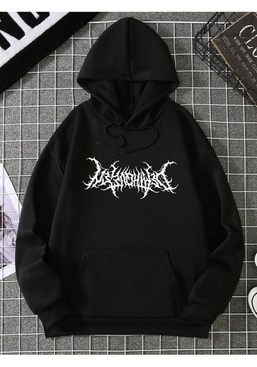 Punk Sweatshirt - Siyah Baskılı Oversize Kapüşonlu Siyah