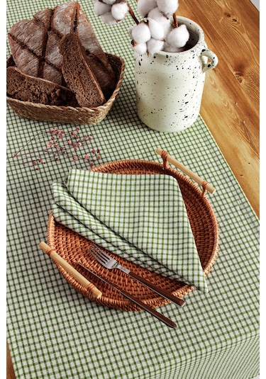 Doku 6'lı Keten Piti Kareli Yeşil Peçete  Piknik Dekorasyonu 40 x 40 cm Yeşil