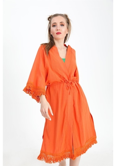 Kimono Palmiye Baskılı Püsküllü - Turuncu-turuncu Turuncu