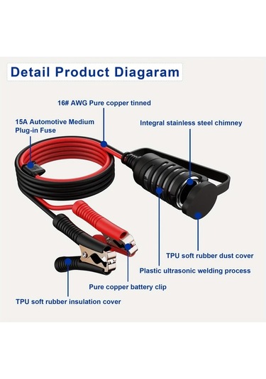 Xuweiwei 16.4ft Tr-29a Tiger Clip Flat Line 16awg Araç Akü Adaptörü Krokodil Klips Ve Aux Bağlantı İle 12v Soket Bakır Kablo Universal Şarj Kablosu
