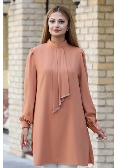 Işıltı Taş Detaylı Büyük Beden Tesettür Takım Camel