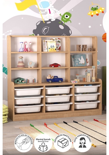 Bofigo 9 Sepetli 9 Raflı Dolap Çok Amaçlı Dolap Oyuncak Dolabı Almina Safir Meşe Açık Kahverengi