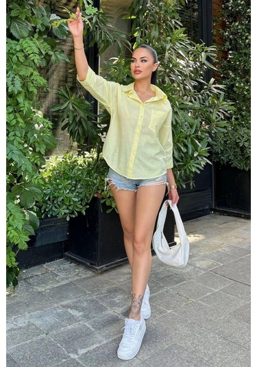 Kadın Sarı Truvakar Kol, Oval Kesim, Terletmez, Flamlı Keten Salaş Gömlek Sarı