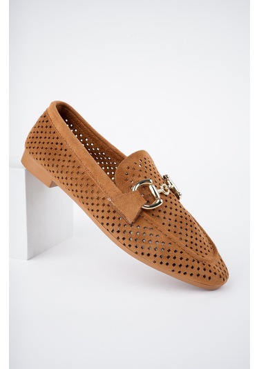 Muggo Phuket Garantili Metal Tokalı Lazerli Nefes Alabilen Deri Kadın Loafer Günlük Ayakkabı Taba