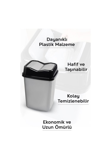 Çift Kapaklı Plastik Çöp Kovası - Ev Ofis Banyo Mutfak Çöp Kovası Gri 10 Litre Gri
