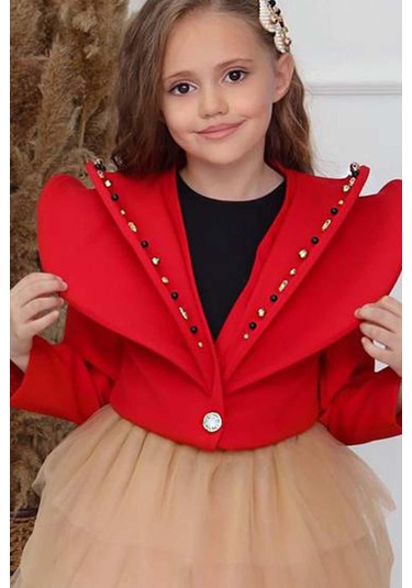 Riccotarz Kız Çocuk V Yaka Ve Taş Detaylı Ceket Kırmızı Etekli Takım Kırmızı