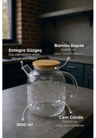 Bambum Juliet - Bambu Kapaklı Cam Demlik 1800ml Şeffaf