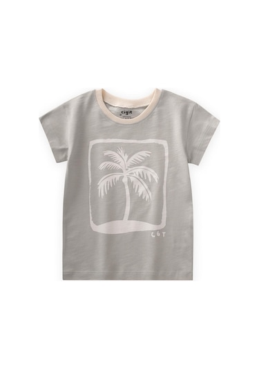 Cigit Palmiye Baskılı T-shırt 2-8 Yaş Mint Yeşil Mint Yeşili
